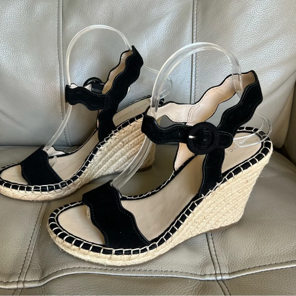 NEW Marc Fisher Kai Black Leather Suede Espadrille Wedge Sandals Sz 9 M Summer_12